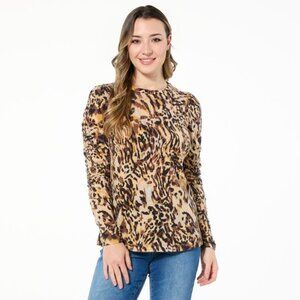 DG2 Diane Gilman Ruched Sleeve Sweater Knit Top Size XS Leopard Animal Print NEW